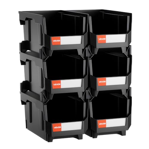 VEVOR-Plastic-Stackable-Storage-Bins-148-x-85-x-71-inch-6-Pack-Plastic-Containers-for-Organizing-and-Storage-Bins-for-Closet-Garage-Small-Parts-Office-Supplies-and-Other-Accessories-Black VEVOR Plastic Stackable Storage Bins, 14.8 x 8.5 x 7.1 inch (6 Pack), Plastic Containers for Organizing and Storage Bins for Closet, Garage, Small Parts, Office Supplies and Other Accessories, Black - Image 1