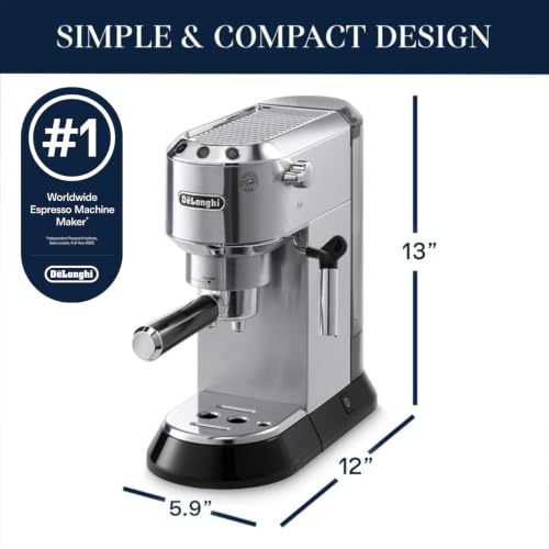 Image of Delonghi EC680M Dedica 15-Bar Pump Espresso Machine, Stainless Steel | 15-Bar Professional Pressure, Thermoblock Heating, Patented Manual Cappuccino System for Milk Frothing, 3-in-1 Portafilter
