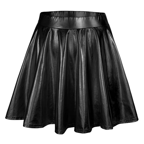 Faldas cortas para mujer, de cintura alta, plisadas, color liso, falda suelta metálica, brillante, acampanada, plisada, acampanada, mini falda para mujer, Negro, M