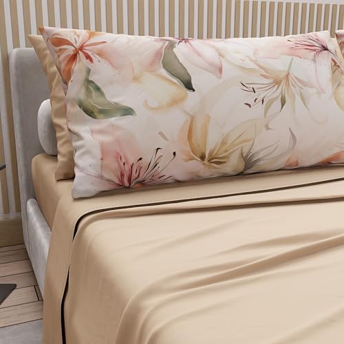 PETTI ARTIGIANI ITALIANI - Juego de Sabanas de Algodon para Cama Doble con Fundas de Almohada y Sábana Bajera 160x200, Diseño Floral 3 Beige, 100% Fabricado en Italia
