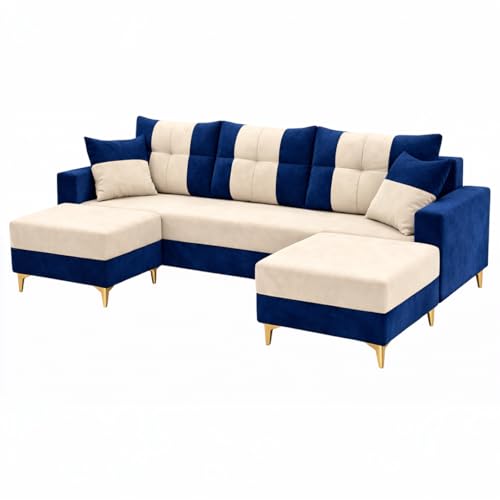 Image of Cavishq 5 Seater L Shape Sofa Set with 2 Movable Ottomans | Flexible Layout | Luxury Velvet Suede Fabric | Modern Living Room Sofa | Dark Blue-Cream