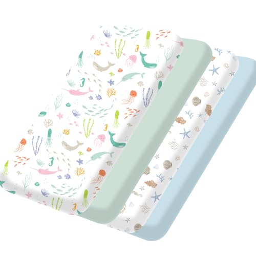 Image of Little Grape Land Mini Crib Sheets 4 Pack, Pack n Play Sheets Fitted 38 x 26 for Boys and Girls, Pack and Play Sheets Compatible with Graco Pack n Play Playard, Ocean Shell