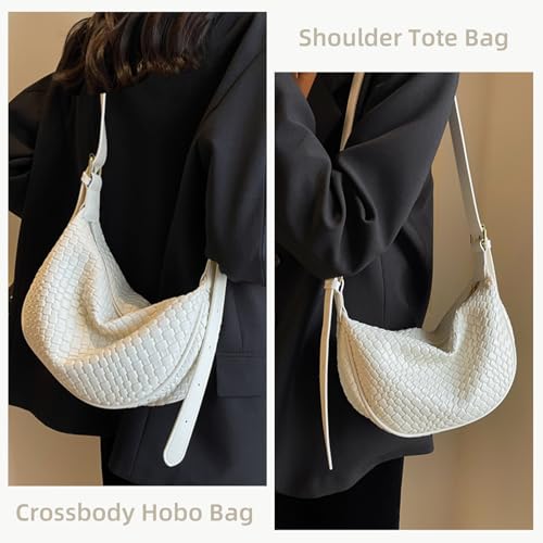 Image of Crescent Crossbody Bags for Women Small Shoulder Bag Woven Hobo Handbag Trendy Vegan Leather Purse with Adjustable Strap White