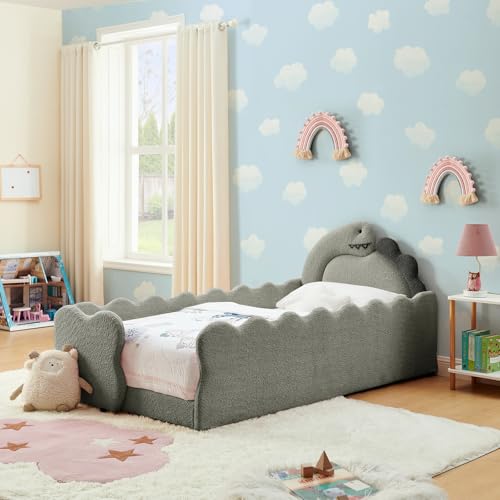 Image of Twin Size Kids Bed with Dinosaur Headboard, Upholstered Boucle Fabric Twin Daybed with Slats Support & Side Pocket, Space-Saving Wooden Corner Sofa Couch Day Bed Frame for Girl, Boy, Teenager(Grey)