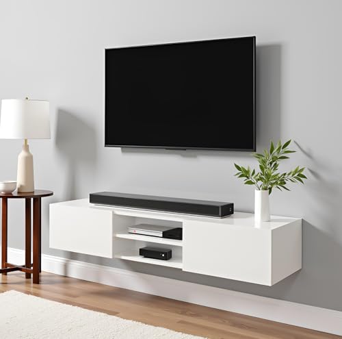 Image of FURNEASER Sasia Modern Wall Mounted TV Unit for 32 /42 /55 Inch TV | Floating Entertainment Unit with Storage | Engineered Wood TV Cabinet for Living Room | TV Stand with Doors (White)