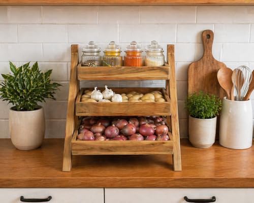 Image of Solid Wood 3-Tier Kitchen Organizer | Acacia Wood Vegetable & Fruit Storage Rack | Onion Potato Basket Stand | Pre-Assembled