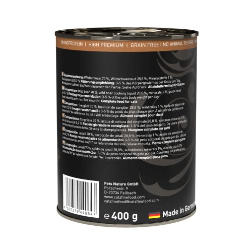 catz finefood Purrrr Wildschwein Monoprotein Katzenfutter nass N° 109, für ernährungssensible Katzen, 70% Fleischanteil, 6 x 400g Dose