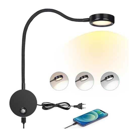ERWEY Leselampe Wandmontage, LED Bettleuchte Wandleuchte mit Touch Button Einstellbar Licht 3000K/4000K/6000K, 4W Bettlampe 360° Flexible Schwanenhals Lampe mit USB-Ladeanschluss, Schwarz