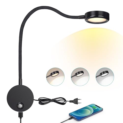 ERWEY Lampe de Lecture Murale, Lampe de Chevet LED Chambre Applique avec Bouton Tactile Lumière Réglable 3000K-6000K, 4W 360° Col de Cygne Flexible avec Port de...