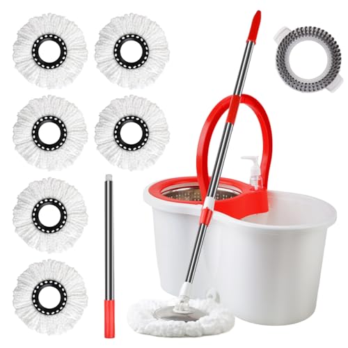 Spin Mop and Bucket with Wringer Set, 360° Spinning Mop Bucket System with 6 Microfiber Mop Floor Scrub Brush and 61
