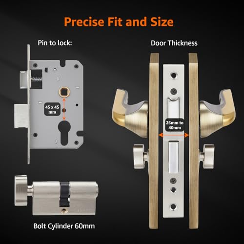 Image of Amazon Basics Heavy-Duty Door Lock Set | Mortise Door Lock Handlesets with 3 Brass Key for Home,Office,Hotel | Brass Lock Body & Cylinder | Golden