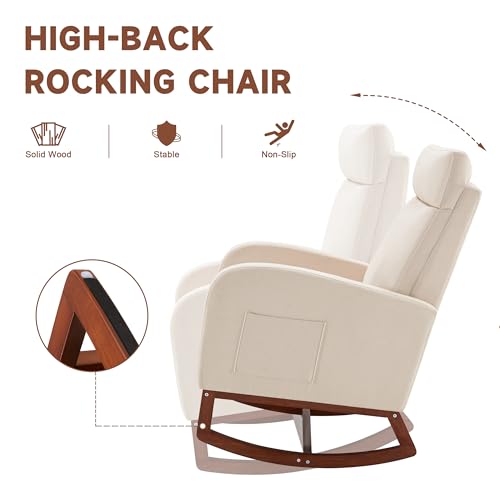 Image of Rocking Chair Nursery High Back Rest Glider Rocker with Footrest Nursing Rocking Chairs Upholstered Accent Arm Chair for Living Room Bedroom Indoor, Beige