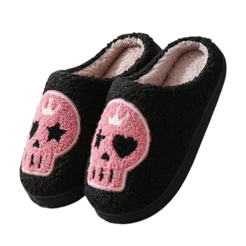 Premium Comfort Gothic Skulls Design Thermal Non Slip Women's Fuzzy House Slippers Indoor Soft Warm Shoes Cushion Sole