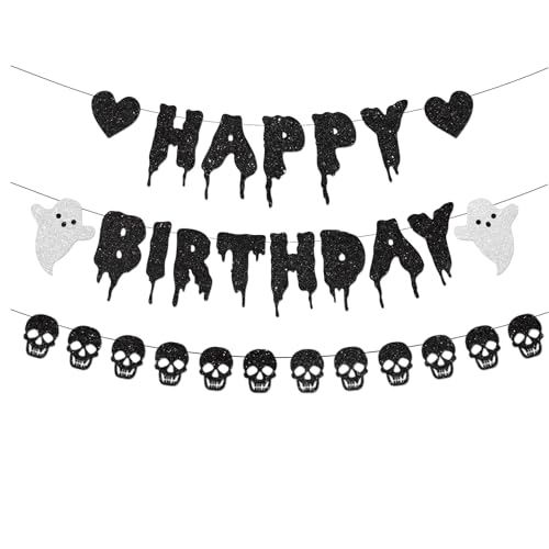 FHGG Black Glitter Halloween Birthday Banner Black Heart Skull Garland Happy Birthday Decorations for Halloween Party Decorations Theme Baby Shower Supplies