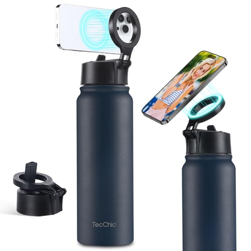 Insulated Water Bottle with Magnetic Phone Holder Compatible with MagSafe and iPhone Double-Sided Magnet Hot 12H Cold 24H Stainless Steel Water Bottle Phone Mount for Sports Travel 27oz (Navy Blue)
