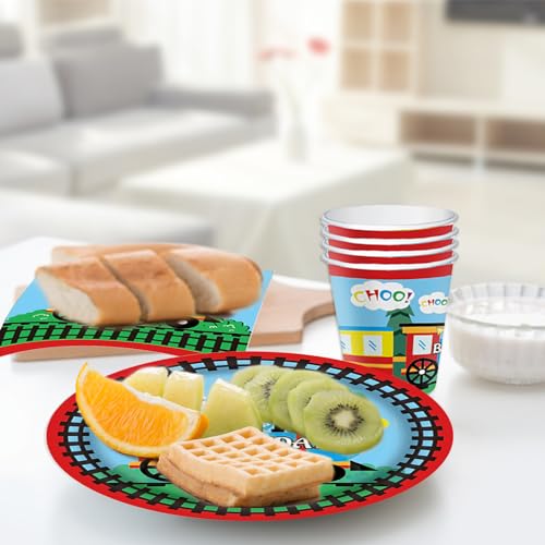 Zug Geburtstag Party Geschirr, 49Pcs Partygeschirr KinderGeburtstag, Zug Party Geschirr, Pappbecher Teller Servietten Tischdecken Tischdeko für 16 Gäste, Geburtstag Deko Partygeschirr Set