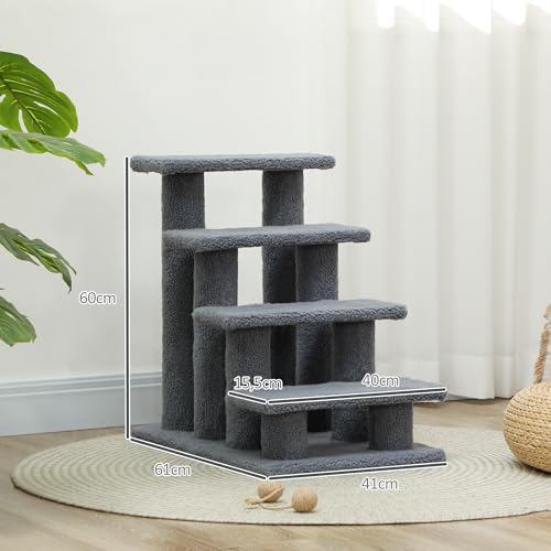 PawHut Katzentreppe 4 Stufen Tiertreppe Treppe für Katze Haustiertreppe Hundetreppe aus Plüsch 61 x 41 x 60 cm Grau