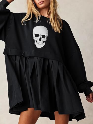 Image of Dokuritu Sweatshirt Dress Women Crew Neck Long Sleeve Patchwork Pullover Tops Flowy Oversized Sweatshirt Mini Dress