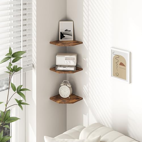 Image of Fun Memories Corner Shelf Wall Mount, Floating Corner Shelves, Set of 3 Corner Wall Shelf Organizer, Rustic Wood Wall Storage Display Shelves for Living Room Bedroom Bathroom Kitchen, Rustic Brown