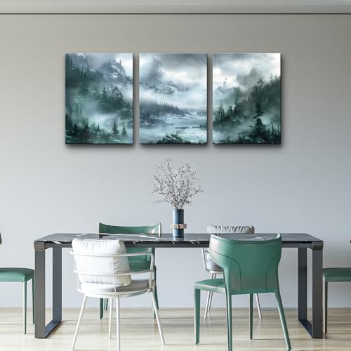 DZRWUBHS Wall Art For Living Room Canvas Wall Decor For Bedroom Office Wall Decorations Misty Forest Landscape Wall Paintings Modern Room Wall Pictures Artwork Home Decor Ready To Hang 3 Pieces