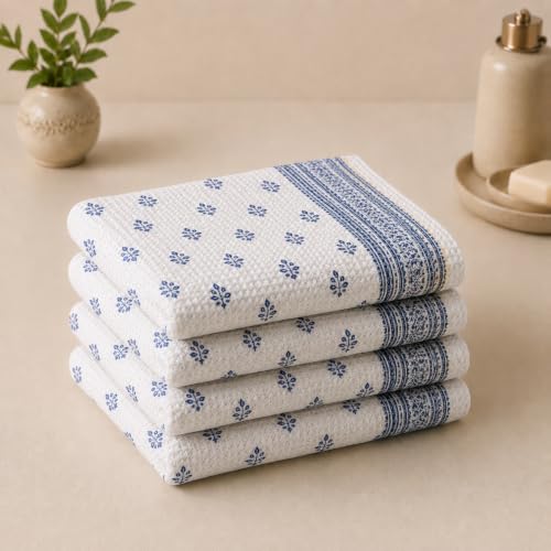 Image of Cotton Rich Printed Waffle Hand Towel | Lightweight | Anti Microbial & Water Absorbent | Soft Touch Quick Drying Towels (Indigo Buti, Pack of 4)