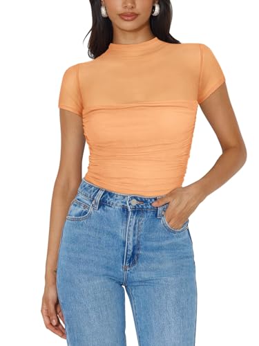 Image of REORIA Women's Summer Sexy Mock Turtle Neck Short Sleeve Slimming Shirts Sheer Mesh Ruched Fashion Night Out Thong Body Suits Tops Peach Fuzz X-Large