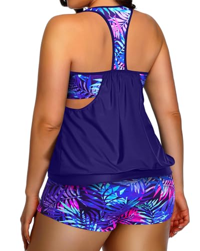 Image of Womens Plus Size Tankini Swimsuit Two Piece Tummy Control Bathing Suit | Blouson Racerback Tankini Top with Shorts, Double Up Design, Removable Pad