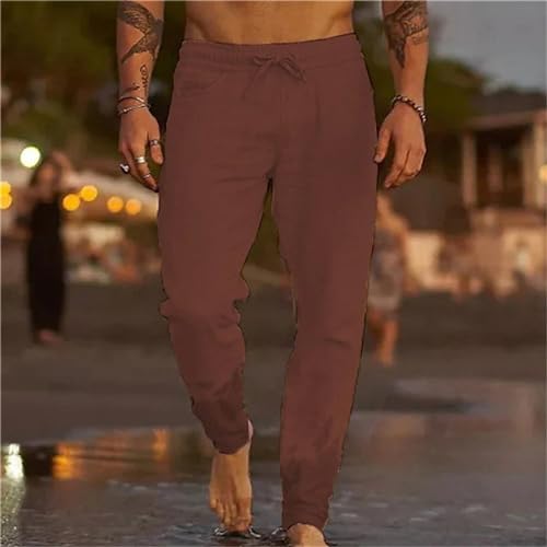 Men's Lightweight Linen Yoga Pants Casual Drawstring Elastic Waist Tapered Leg Joggers for Beach with Pockets2