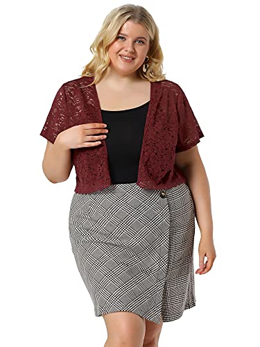 Image of Agnes Orinda Plus Size Bolero Shrugs for Women Lightweight Open Front Short Sleeve Cropped Lace Cardigan 3X Burgundy