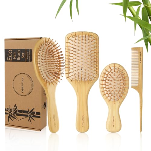DEBETOOL Bamboo Hair Brush and Comb Set for Women Men and Kids,Natural Bamboo wood Wide-tooth brush and tail comb - Paddle Detangling Brush for Wet Dry Curly Hair