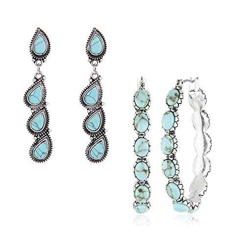 2 Pairs Big Dangle Turquoise Earrings for Women  Large Drop Vintage Turquoise Earrings Turquoise Bohemian Metal Hoop Fashion Earring, Statement Teardrop Oval Rectangle Blue Turquoise Earrings Set