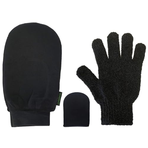 Skinerals Self Tanning Mitt Set, 3-Piece Applicator Kit with Exfoliator Glove, Face Pad & Back Tool, Reusable Glove for Streak-Free Tan Application with Mousse or Lotion