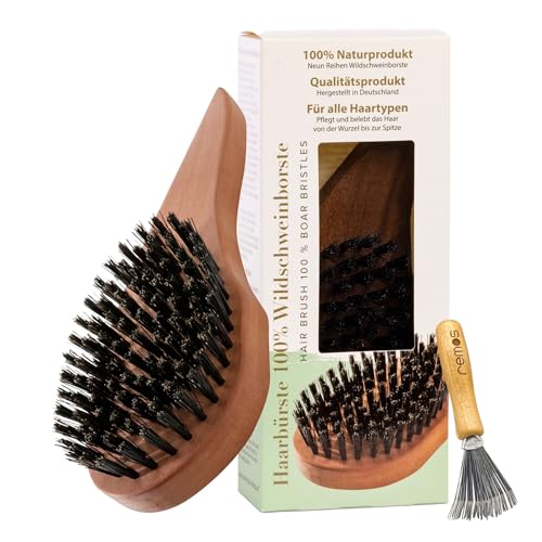 REMOS Natur Haarbürste aus 100% Wildschweinborste mit ergonomischem Griff und Bürstenreiniger