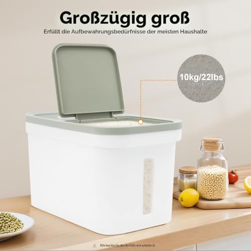 Futtertonne Reisbehälter 10KG, Futterbehälter mit Reistasse, Futteraufbewahrung für Hunde, Reisspender für Reis, Mehl, Cornflakes, Hundefutter, Katzenfutter, 22*38*23cm, Grün