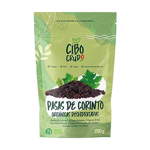 Uva Pasas De Corinto Ecologicas - 250g. Pasas Griegas Ecológicas Sin Azúcar Añadida. Pasas Negras o de Zakynthian. Rico en Fibras Vitaminas del Grupo B y Hierro para Dulces o Pasteles.