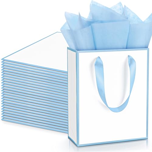 Image of Yeaqee 24 Pack Metallic Paper Gift Bags, White, Blue