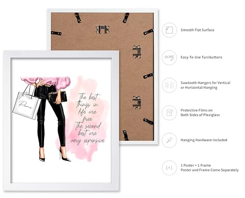 Image of Poster Master The Best Thing In Life Are Free Poster - Fashion Print - Trendy Art - Modern Art - Gift for Women & Fashionista - Funny Glamour Decor for Bedroom or Girl's Room, 16x20 White Framed