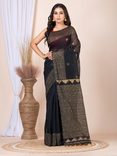 Image of Handloom Muslin Tissue Jamdani Cotton Silk Saree with Sequins Blouse