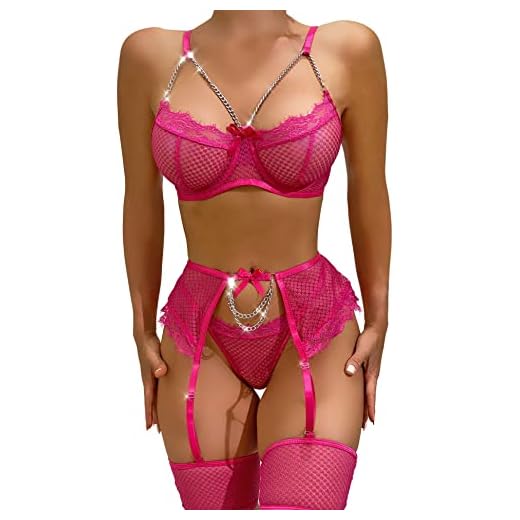 Aranmei Conjunto de lencería sexy de 4 piezas para mujer con puños en el muslo, lencería exótica con tiras con liguero, brasier y bragas con aros, Rosa Roja, S