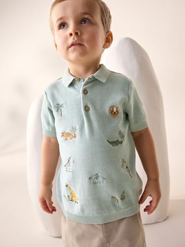 NEXT Kurzärmeliges Strick-Poloshirt mit Stickerei Mineral Blue 18 Monate