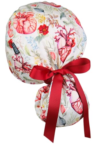 Image of Scrub Cap for Women and Men, Ponytail Scrub Caps, Working Hat, Head Cover with Ribbon Ties and Buttons, Long Hair
