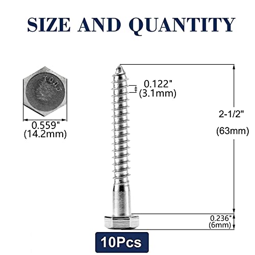 Image of 3 /8 inch x 2-1 /2 inch Hex Head Lag Screws Bolts 10Pcs 304 Stainless Steel 18-8, Partial Thread, Hexagon Head Wood Screws by SG TZH