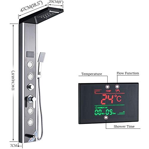 Panel de ducha LED para baño, columna de ducha con pantalla digital, chorro cascada y lluvia, acabado cepillado en negro y níquel miniatura 3