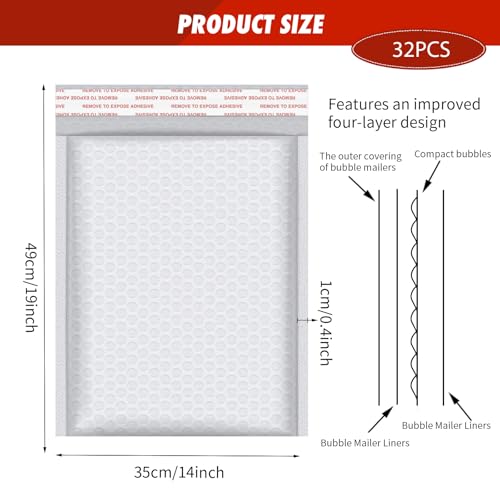 32 Pcs Extra Large Bubble Mailers Padded Envelopes 14 x 19 Inches Waterproof Poly Shipping Bags for Bulk Mailing Packaging Small Business (White)