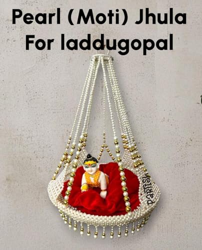 Image of PARTISH Handcrafted Hanging Moti Jhula for Laddu Gopal Ji | Premium Pearl Beaded Swing Palna with Red Velvet Cushion & Gold Accents for Janmashtami & Home Temple Decor (for Idol Size 0,1 & 2, Moti)
