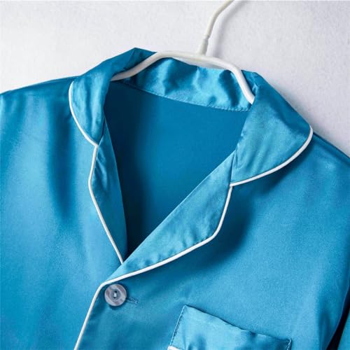 Kids Silky Satin 𝐏ajamas Sets 2pc Solid Buttons Long Sleeve Shirts with Pants 𝐏𝐉 F𝐚mily Collar Soft Sl𝐞epwear Outfits3