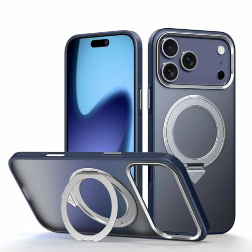 SZLUTLA For -For iPhone 17 Pro Max/17 Pro/Air/17用磁気ケース、回転リングホルダーシェル付き半透明マットスリムPC滑り止めカバー,ブルー,17 Pro Max