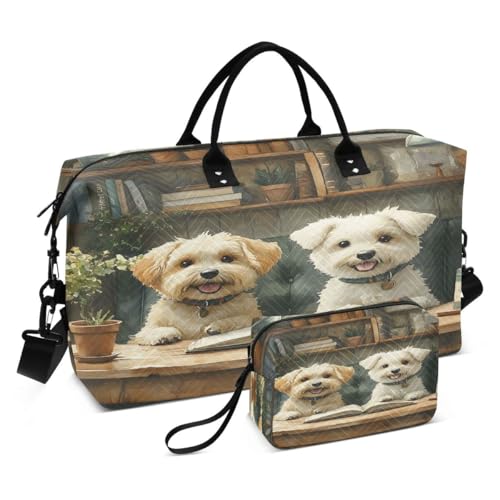 Dog Reading Book Vintage Travel Duffle Bag Gym Bag Weekender Bags with Toiletry Bag Travel Trip Tote Bag