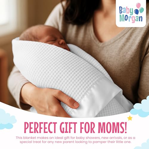 Image of Blankets Thermal Waffle Baby Blanket Crib Bedding - Soft Cozy Warm Infant Thermal Cover for Nursery Stroller or Bassinet, Lightweight Ideal Shower Gift, Satin Trim White 36 inch x 50 inch