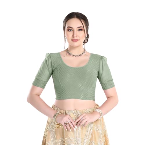 Image of FINESTFIT Stay On Trend Fashion 100% Cotton Readymade Blouses for Women,Round Neckline with Organza Balloon Sleeves.